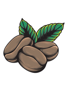 Roasted Coffee Beans with Green Leaves Vector Illustration
