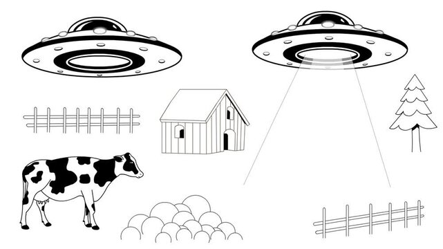 Cartoon style animation of a flying saucer, a house, a pine tree, a cow, and a fence, black and white art, drawing, 2D.