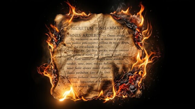 Ancient parchment burning with intense flames against a dark backgroun