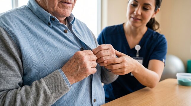 Female caregiver helping elderly man with buttoning shirt. Occupational therapist assisting senior patient with physical rehabilitation and daily living skill. Elderly care concept.