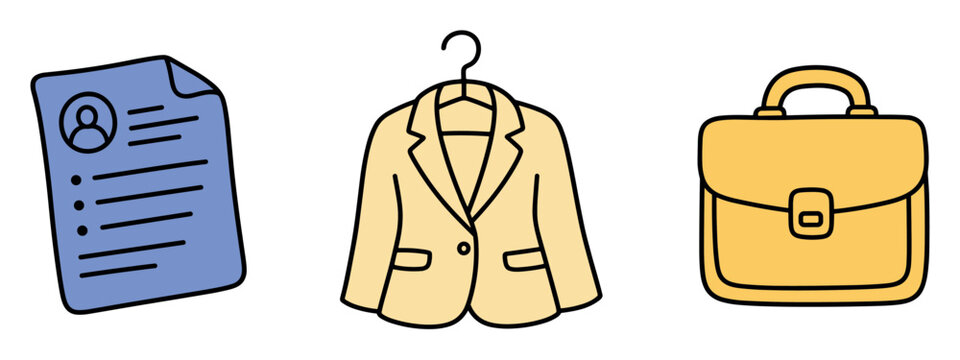 Business resume suit jacket and briefcase icons representing job search, employment recruitment, career development, professional interview preparation, and corporate work concept