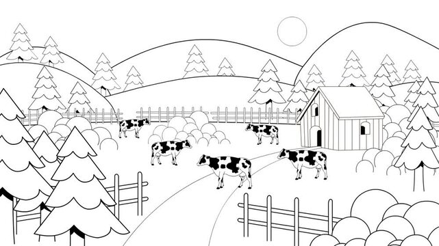 Cartoon style animation of several cows on a farm, black and white art, drawing, 2D.