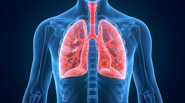 Human lungs anatomy with red highlighted alveoli showing respiratory system. Medical illustration of bronchial tubes and lung tissue in blue transparent body. Healthcare and pulmonology concept.