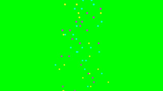 Abstract background of colorful confetti falling against a bright green screen.