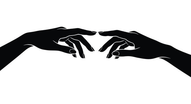 Two human hands almost touching black silhouette against a white background