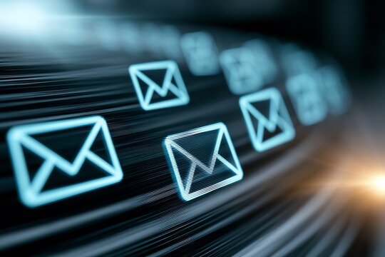Abstract image of multiple glowing email envelope icons in a futuristic digital environment.