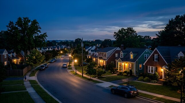 Suburban Street at Dusk with Lit Houses and Streetlights
