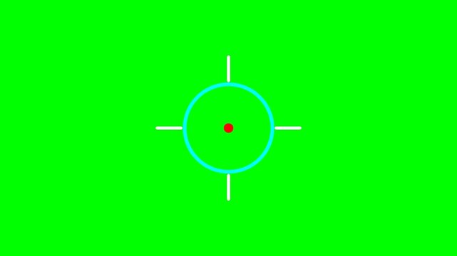 A digital crosshair graphic with a red dot in the center against a vibrant green screen background.