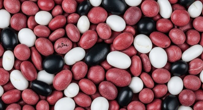 Colorful assortment of dried beans and legumes close up.