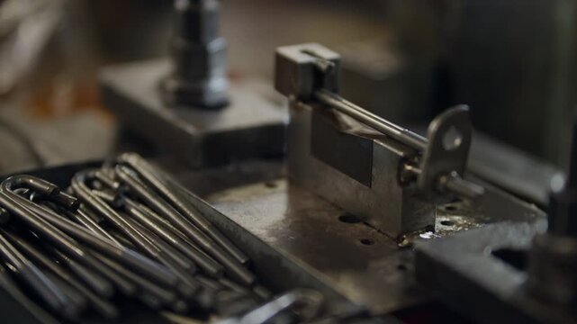 Worker grips metal tool with white glove. Machine presses metal rod into precision holder. Tools align for precise mechanical operation. Use for industrial manufacturing or machinery themes