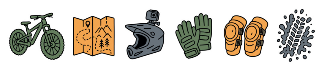 Fototapeta premium Mountain biking gear and equipment doodle icons including a bicycle, trail map, full-face helmet with camera, gloves, knee pads, and muddy tire track