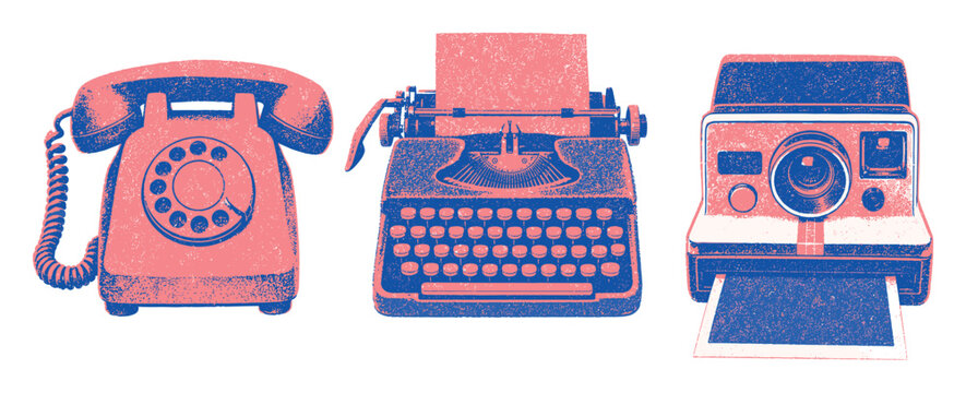 Vintage rotary telephone typewriter instant camera set illustrated in a retro textured print style with pink and blue ink