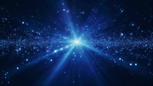 Volumetric blue light beams illuminate microscopic floating dust particles in dark space, sapphire and ice blue light shafts creating cinematic atmosphere with realistic optical diffusion.