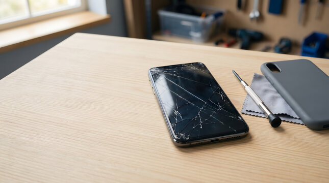 Broken smartphone with cracked screen and repair tools on wooden desk copy space