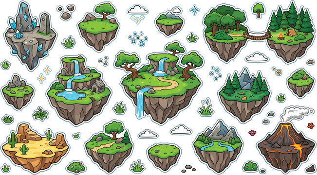 Isometric Fantasy Floating Islands Sticker Pack for RPG Game Design Featuring Waterfalls, Crystal Rocks, Desert, Volcano, Forest Bridges, and Magic Map Interface Assets