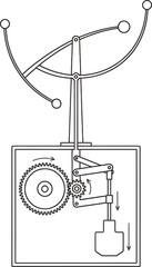 Fototapeta premium Hidden gears and counterweights within kinetic sculpture structural mechanism sepia single color vector line art illustration