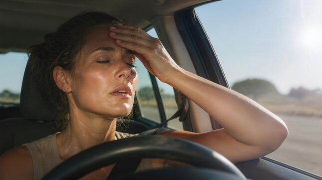 Stressed woman sweating during a severe heat wave inside a hot car.