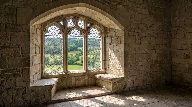 Medieval stone castle window looking out at green countryside landscape