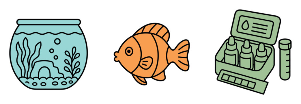 Aquarium fishbowl orange fish and water test kit vector icons set representing pet care equipment and fish tank maintenance supplies