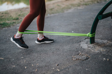 Fototapeta premium Woman performs a resistance band leg exercise with a loop anchored to a park bench. The outdoor workout focuses on ankle and leg strength using a green resistance band.