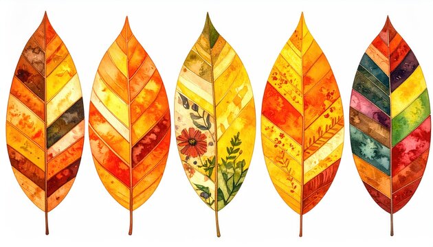 Five stylized autumn leaves with colorful, patterned designs