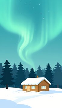 Northern lights aurora over snowy forest travel illustration, flat vector travel landmark illustration for tourism design