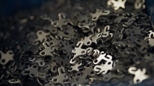 Close-up of small metal components used in industrial manufacturing and engineering applications. Precision-machined steel parts for machinery assembly, mechanical systems, and industrial engineering