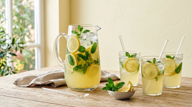 Refreshing Lemonade with Mint and Ice in Glasses and Pitcher on Wooden Table