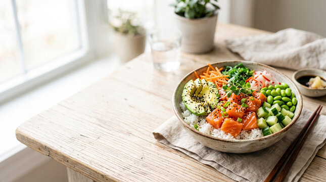 Healthy Salmon Poke Bowl with Rice Avocado and Edamame on Wooden Table