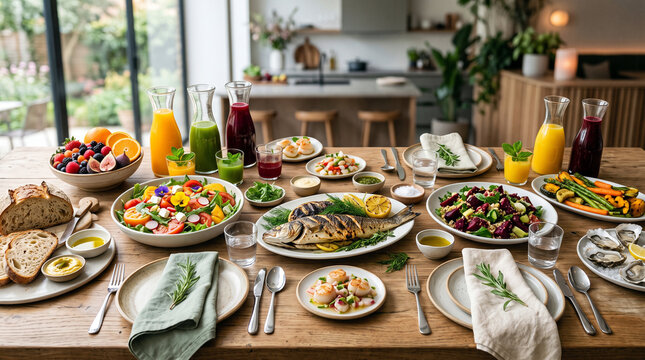 Abundant Healthy Meal Spread on Wooden Table with Fresh Ingredients and Drinks