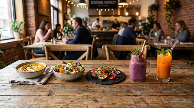 Healthy Meal Spread on Rustic Table in Cozy Restaurant Setting