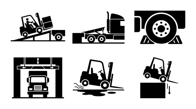 Industrial logistics safety icons, forklift and semi truck transport hazard symbols, warehouse loading dock operations vector set