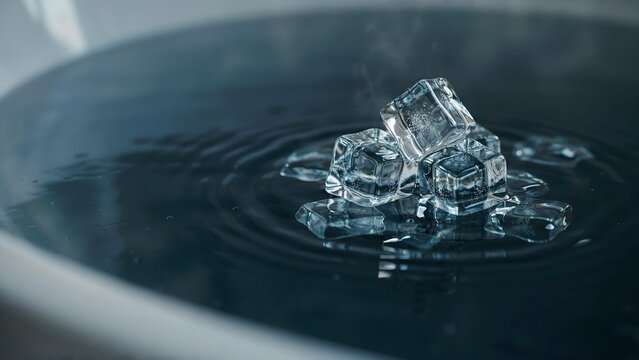 Close-up of melting ice cubes in water with ripples and reflections in a bowl