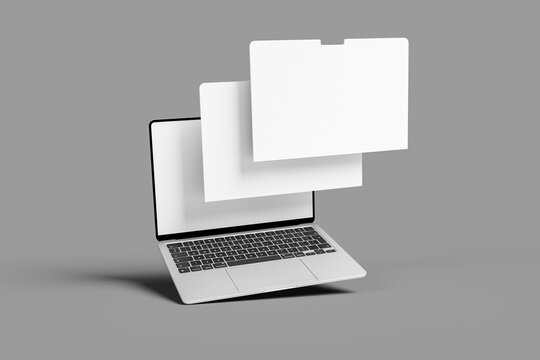 Laptop mockup with floating blank screens and multi-layered displays on gray background.