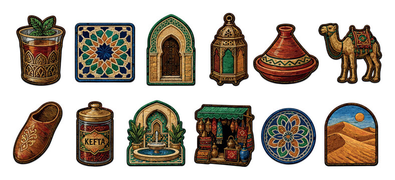 Moroccan embroidered patches and cultural travel stickers featuring traditional symbols like a tajine, camel, mint tea, lantern, mosaic tile, desert dunes, and babouche slipper