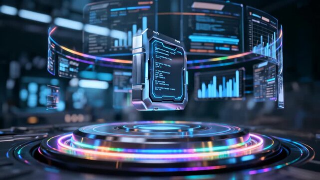 Futuristic Data Processing Hub Featuring Floating Digital Interfaces and Advanced Analytics Visualization in a Cybernetic Environment