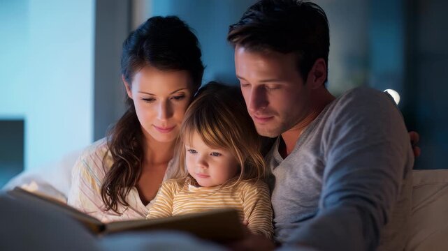 Mother, father, and daughter sit closely on a couch, focused on a storybook, illuminated by soft lighting. The scene captures love, togetherness, and the importance of family traditions