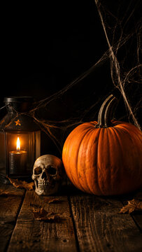 Pumpkin skull and glowing lantern create a dark Halloween still life with spider webs on a weathered wooden table.
