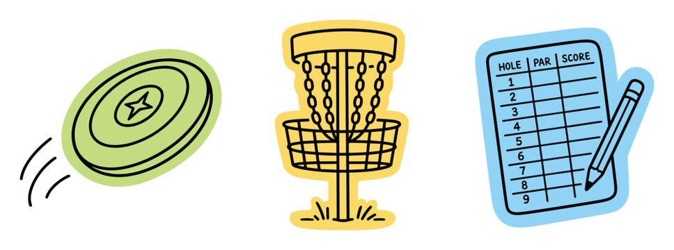 Disc golf equipment vector illustration set featuring a flying green disc, a yellow target basket with chains, and a blue scorecard with a pencil