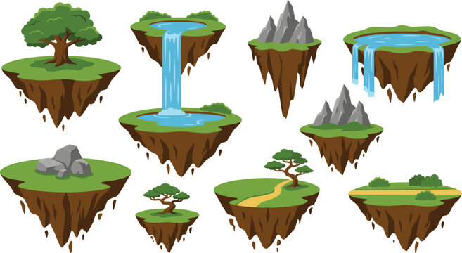 Isometric Floating Islands Vector Set for Game Level Design Featuring Waterfalls, Green Grass Meadows, Rocky Mountains, Trees, Paths, and Fantasy Land Environment Elements