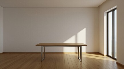 Fototapeta premium Minimalist room interior with wooden table, bright window. Empty wall provides copy space for business branding product display. Modern home design features light natural flooring, sunny morning