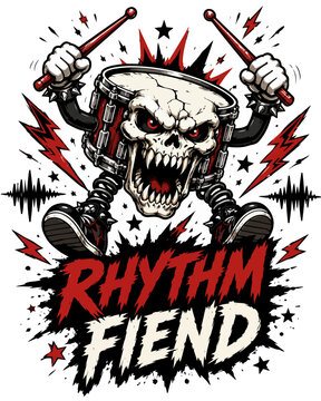 Rhythm Fiend Skull Drummer Illustration for Heavy Punk Music T Shirt Design