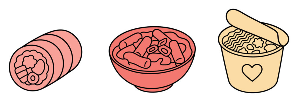 Korean street food illustrations of gimbap tteokbokki and instant cup ramen noodles in a cute minimalist line art style for menu design and culinary concepts