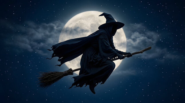 Flying witch silhouette rides a broom across a bright full moon surrounded by clouds and stars in a blue night sky.