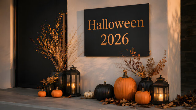 Halloween 2026 wall sign hangs above an elegant arrangement of pumpkins lanterns and dried autumn branches in a modern interior.