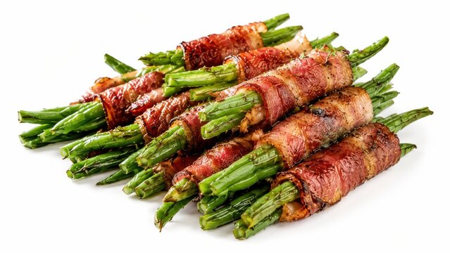 Gr&uuml;ne Bohnen im Speckmantel freigestellt auf reinwei&szlig;em Hintergrund, knusprig gebraten und appetitlich gestapelt &ndash; vielseitiges Foodmotiv f&uuml;r Rezepte, Gastronomie und Werbung.