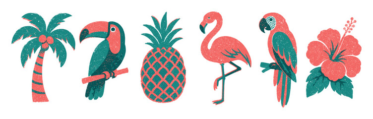 Obraz premium Tropical vector illustration set featuring palm tree, toucan, pineapple, flamingo, parrot, and hibiscus flower in a textured retro stamp style