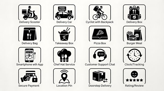 Detailed Food Delivery Service Icon Infographic Featuring Delivery Scooter, Grocery Basket, Mobile Ordering, Payment, Tracking, Restaurant Menu, Customer Reviews, Location and Online Takeaway App Feat