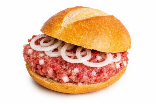 Deutsches Mettbr&ouml;tchen mit rohem Schweinehack, frischen Zwiebelringen und schwarzem Pfeffer auf knusprigem Br&ouml;tchen, freigestellt vor wei&szlig;em Hintergrund als deftiger Klassiker.