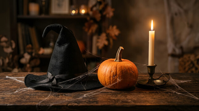 Black witch hat pumpkin and burning candle form a rustic Halloween still life covered with delicate spider webs.